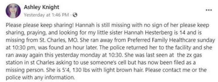 14 Year old Hannah Hesterberg is Still Missing! Cahokia Source
