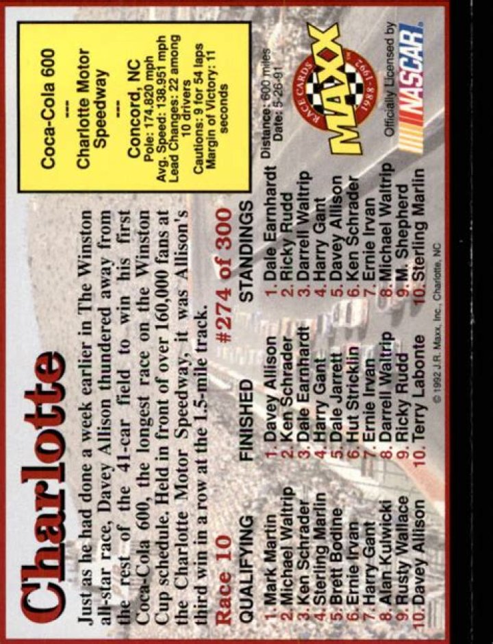 1992 Maxx Black 274 Davey Allison/Deborah Allison/Year in Review RC NM