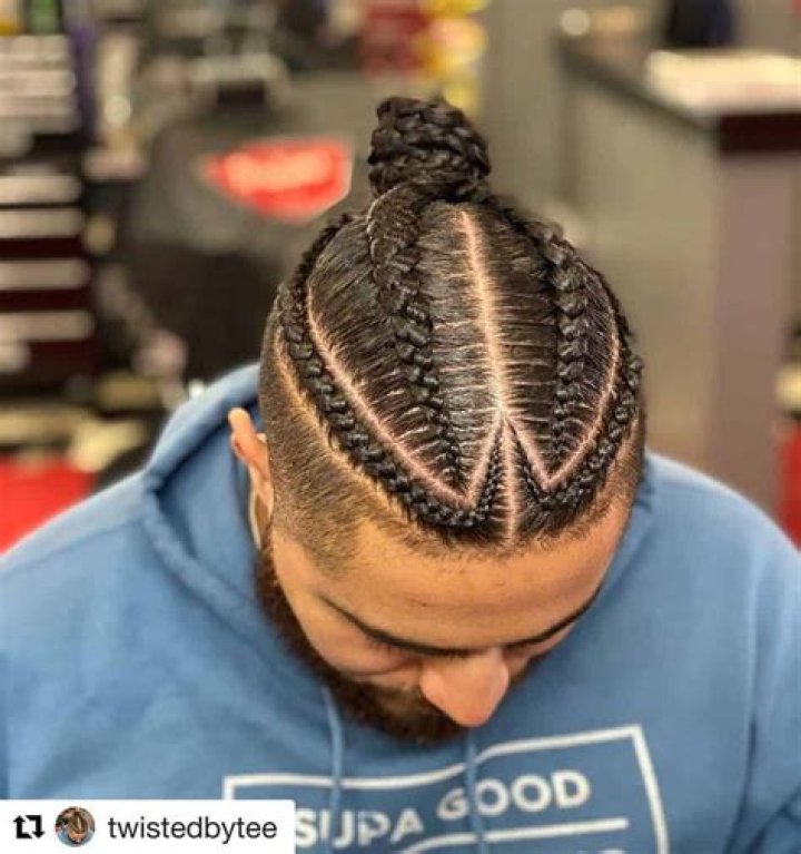 A Man Wearing Braided Hairstyle With A Small Top Knot Mens braids