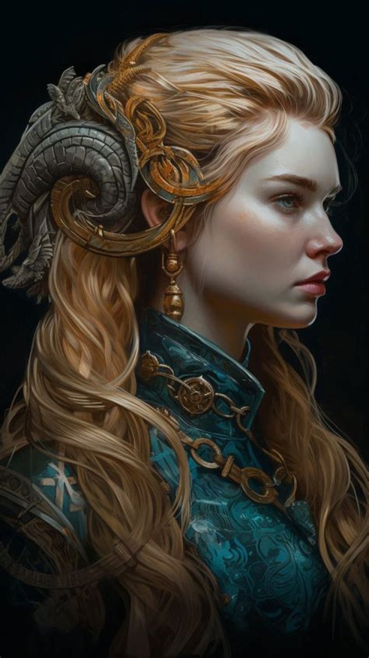 a woman with horns on her head is looking down at her hand and touching