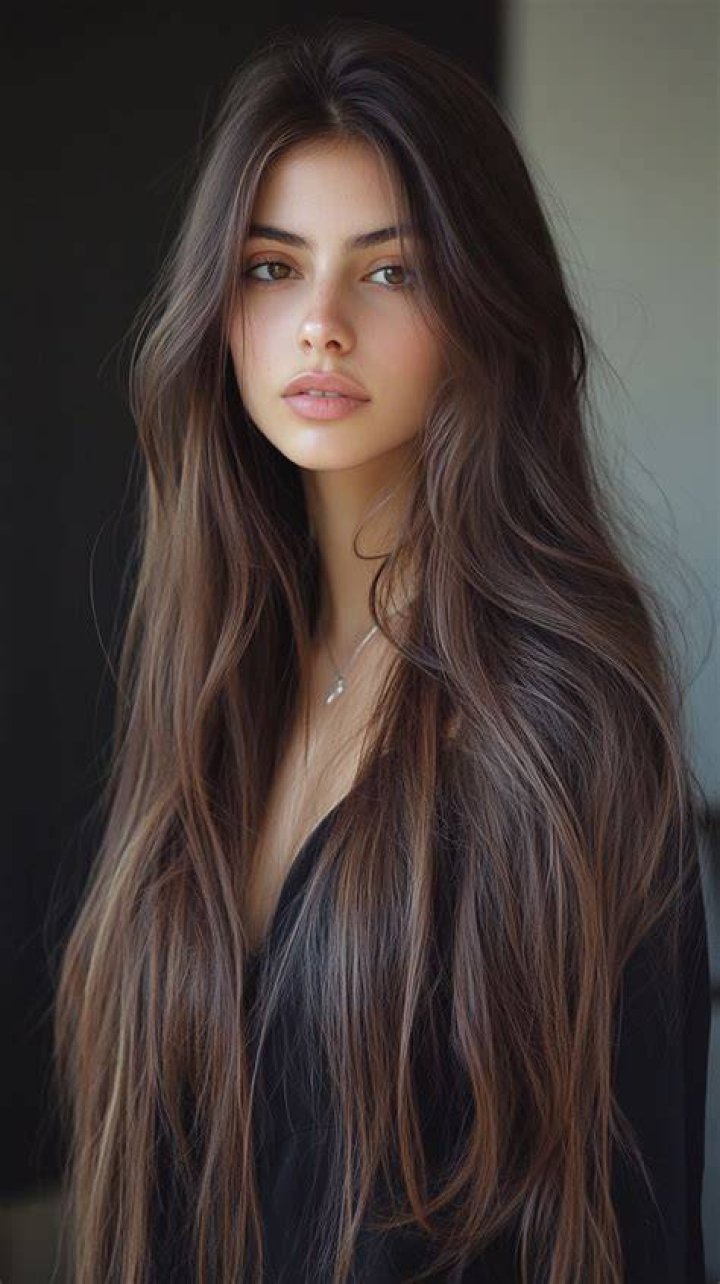 a woman with long hair standing in front of a white wall and looking at