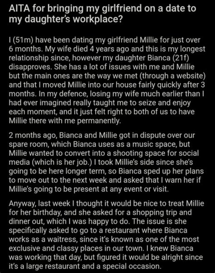 AITA for bringing my girlfriend on a date to my daughter&rsquo;s workplace