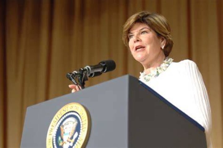 Ann Compton at the presidential podium, 2007, photograph courtesy of