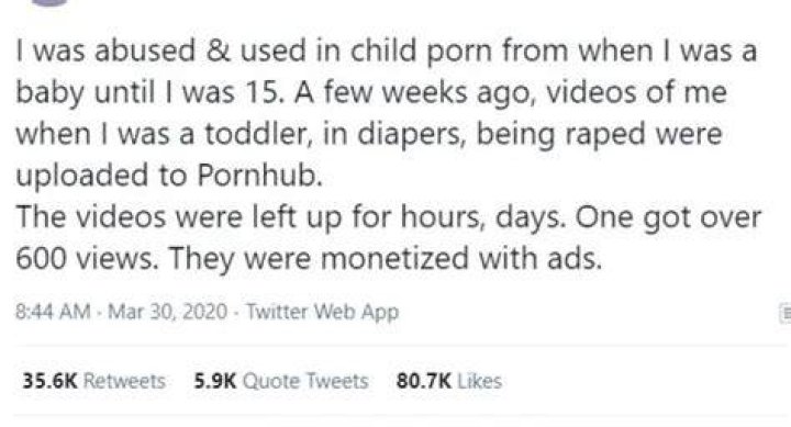 Child abuse victim says Pornhub profited from her child rape