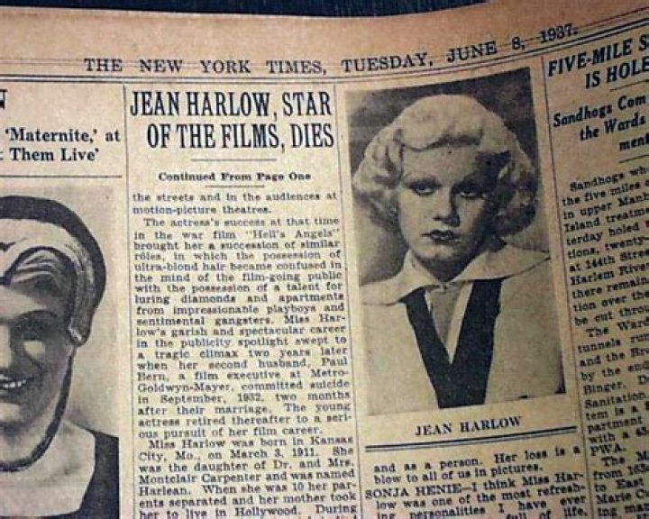 Death of film star Jean Harlow...