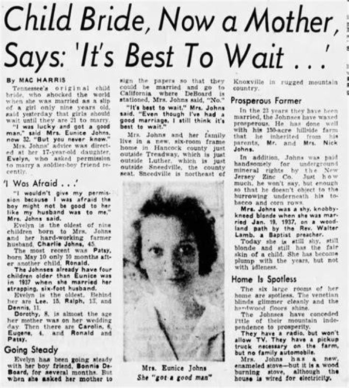 Eunice Winstead 9yo married off to a 22yo man.
