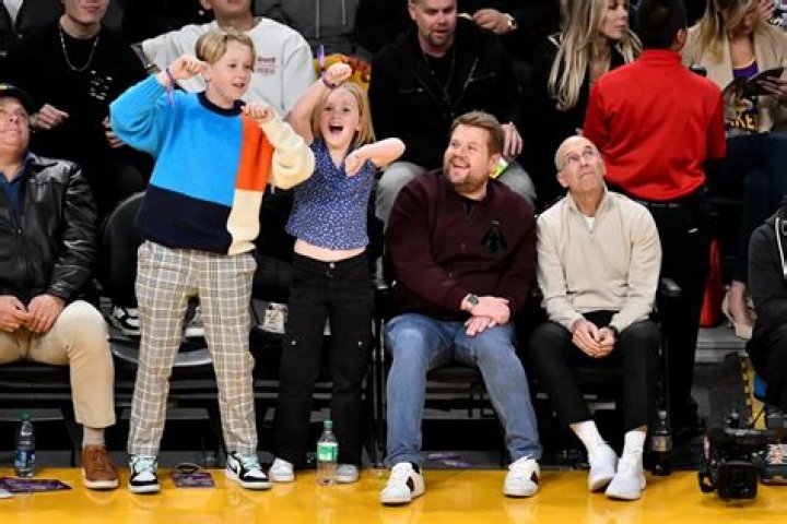 James Corden Sits Courtside with Son Max and Daughter Carey at NBA Game
