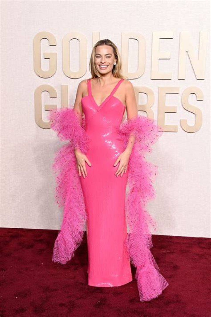 Margot Robbie At Golden Globes 2024 Pink Sequin Dress Hollywood Life
