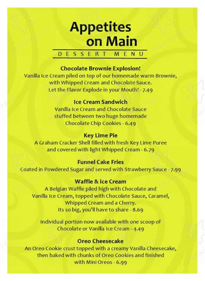 Menu of Appetites On Main, Exton, Chester County