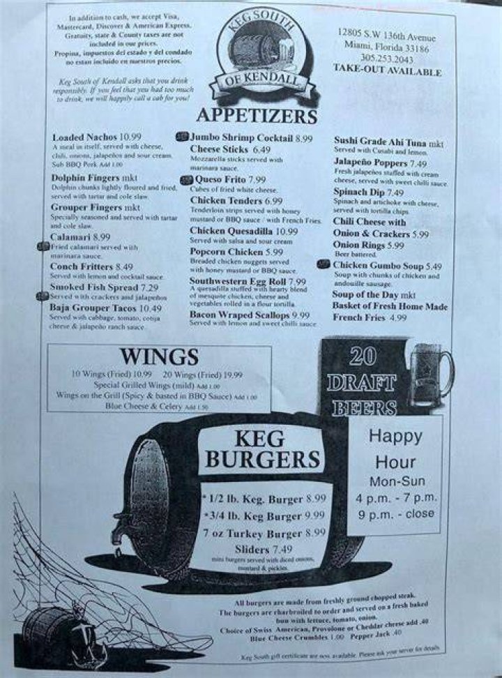 Menu of Keg South of Kendall, Kendall/Pinecrest, Miami