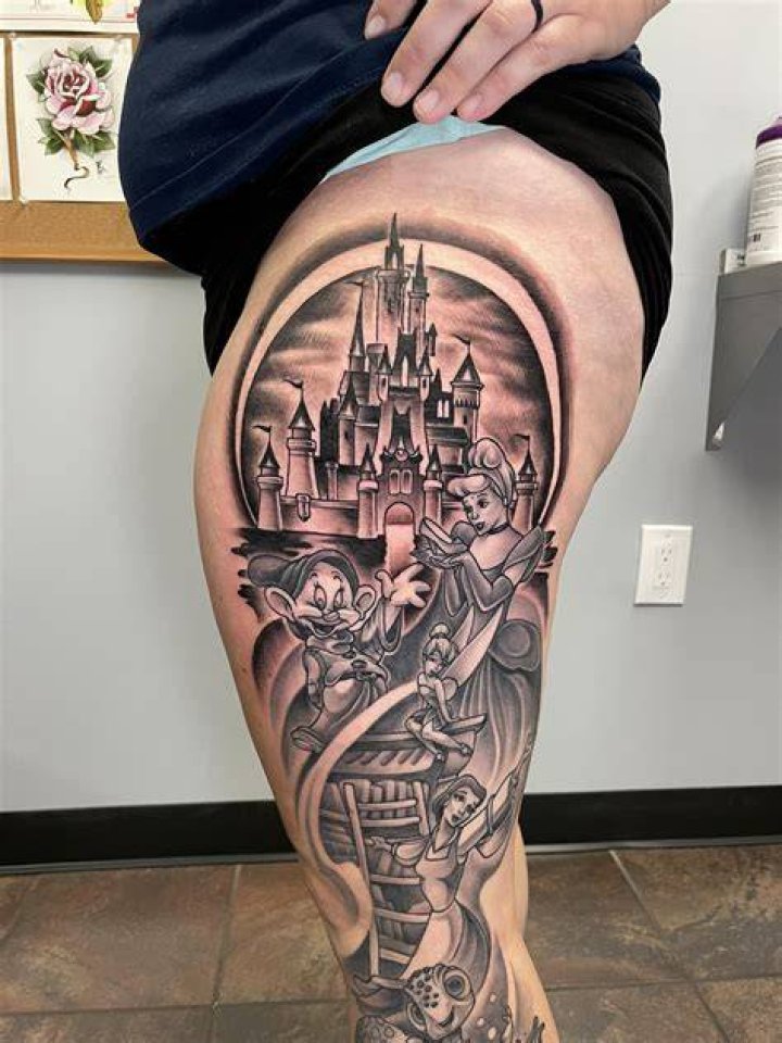 My disney world castle thigh tattoo by Rachael Miller at Alchemy Moon