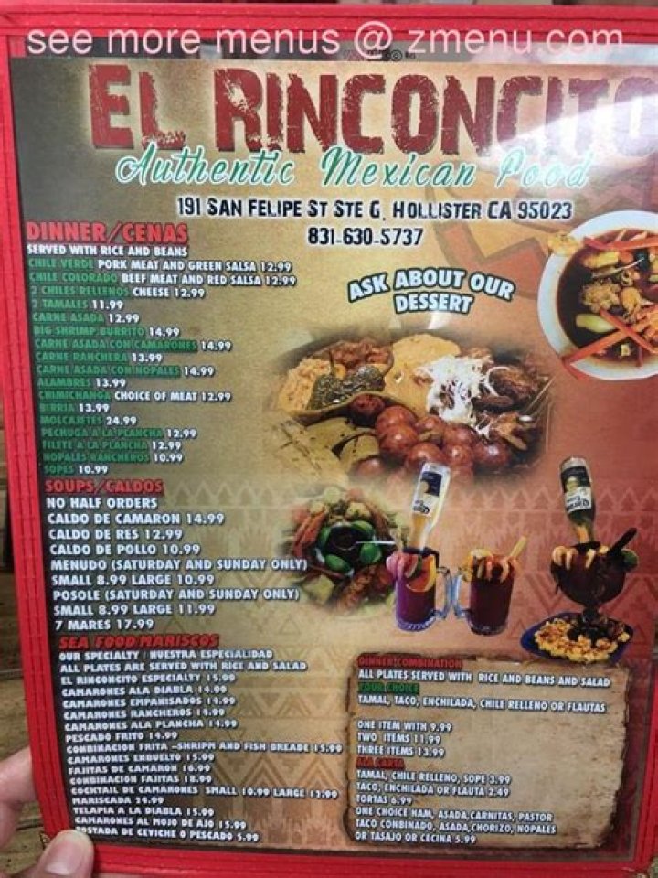 Online Menu of El Rinconcito Restaurant, Hollister, California, 95023