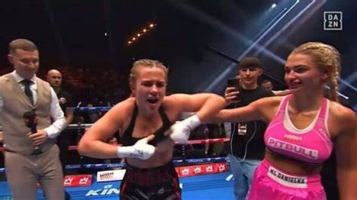 OnlyFans model Daniella Hemsley flashes crowd to celebrate boxing win