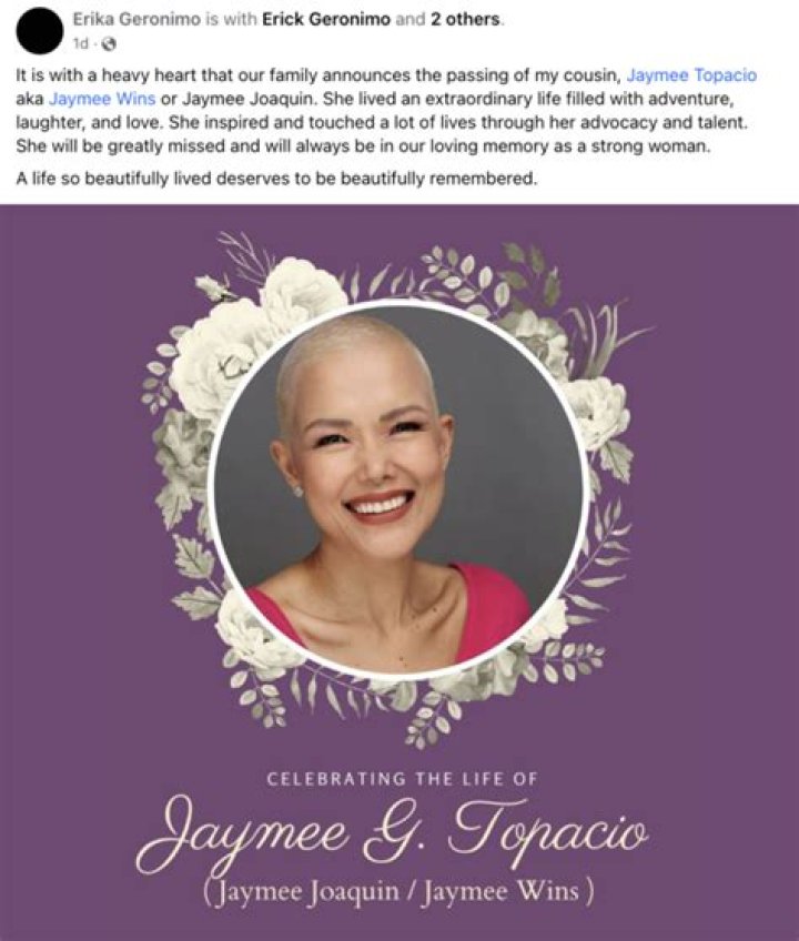 RIP, JAYMEE Actress Jaymee Joaquin dies at 44 after battle with breast