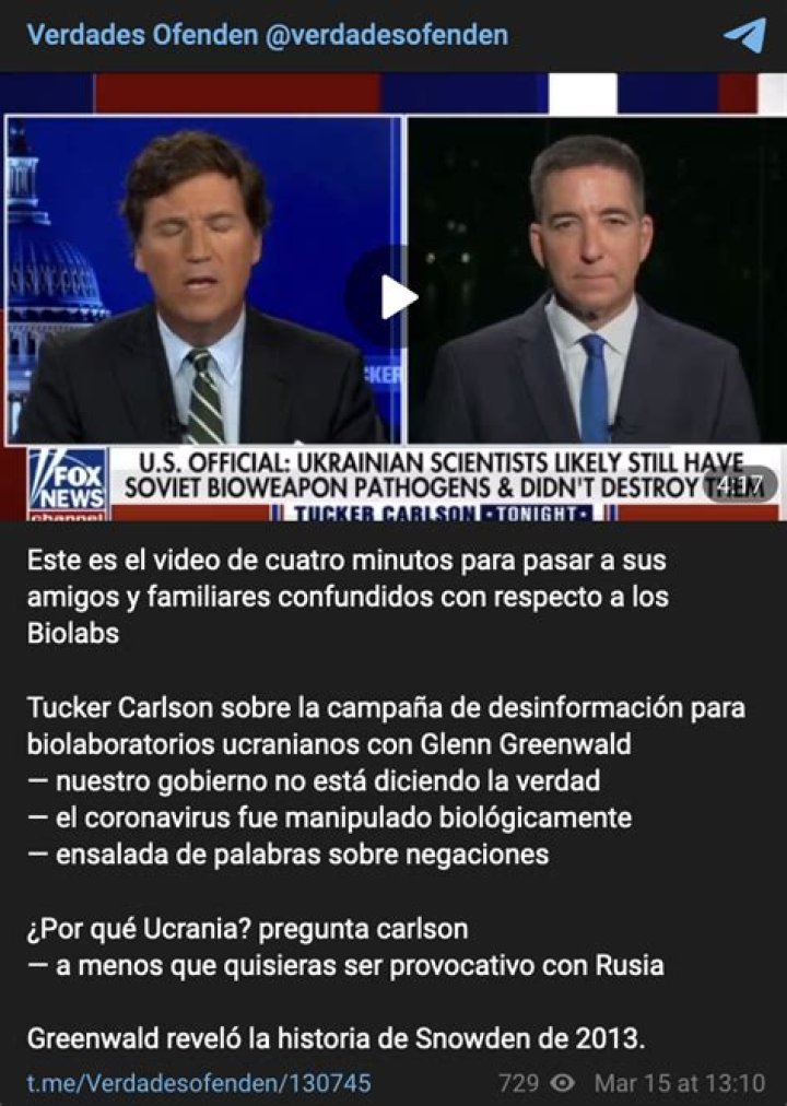 Telegram post translating Tucker Carlson on biolabs 3/15/22 Media