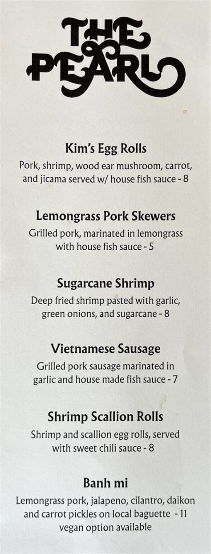 The Pearl menu SLC menu
