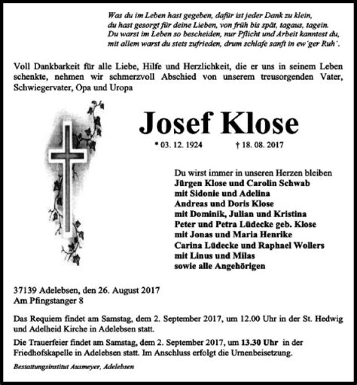 Traueranzeigen von Josef Klose traueranzeigen.de