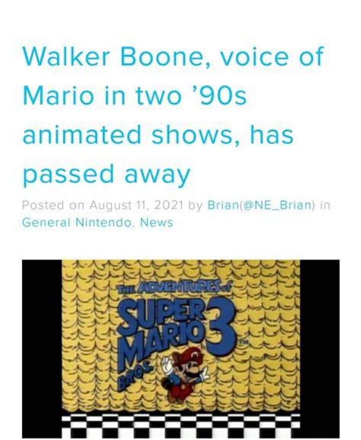 Walker Boone, voice of Mario in two '90s animated shows, has passed away