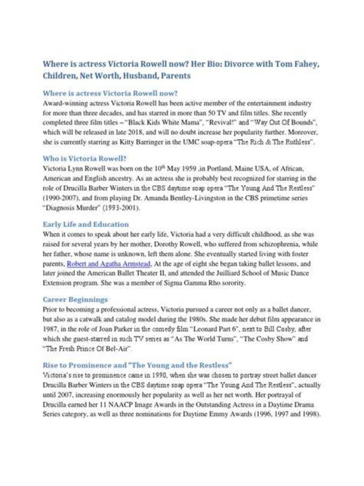 Where is actress Victoria Rowell now? Bio Divorce with Tom Fahey, Kids